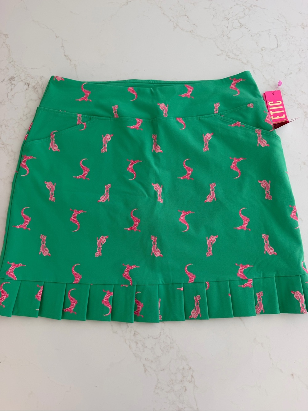 Lilly Pulitzer Green Mini Skirt with Pink Seahorse Motif